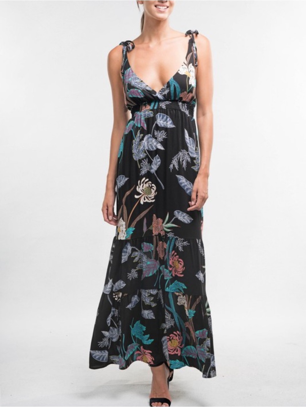 LoveStitch dress maxi deep vneck Vback floral exotic long black multi S XS